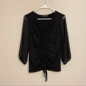 NWOT Ruched Top with Mesh Sleeves